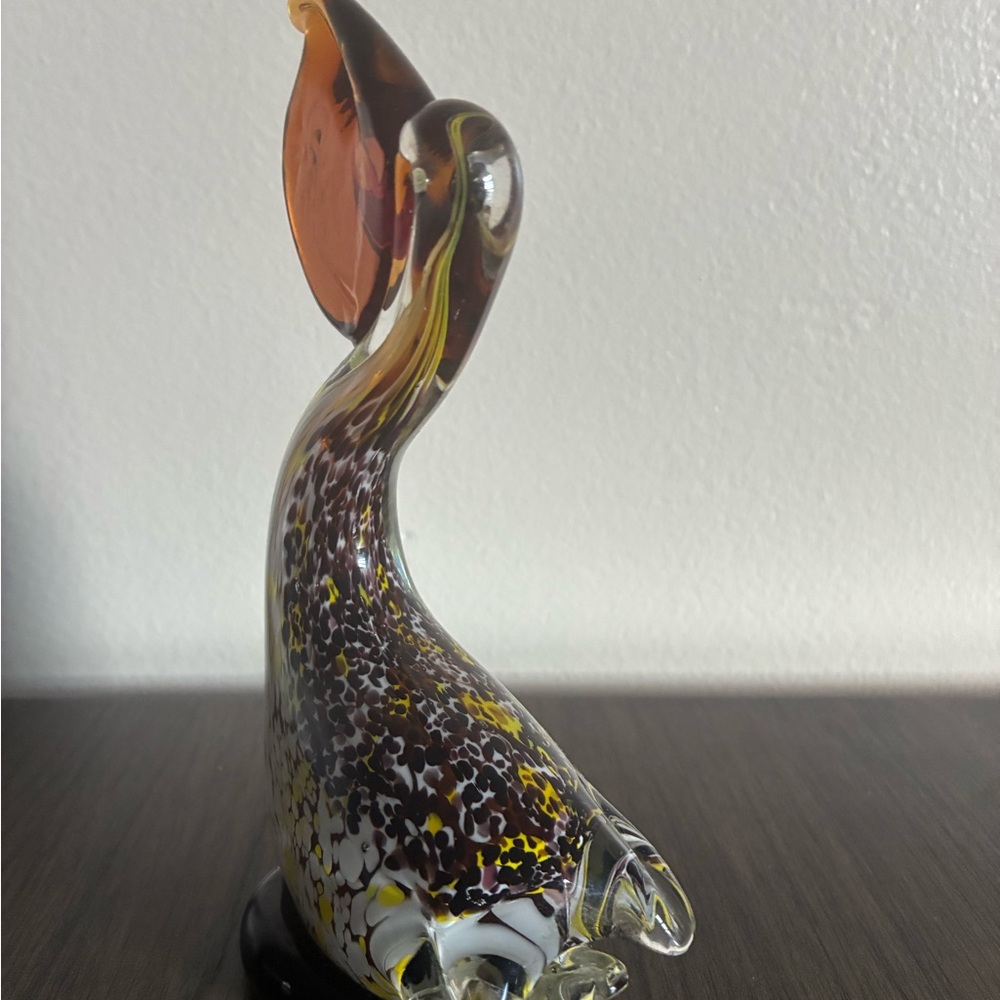 Hand Blown Glass Pelican Figurine Amber Yellow Beak Speckled Body - Picture 2 of 6